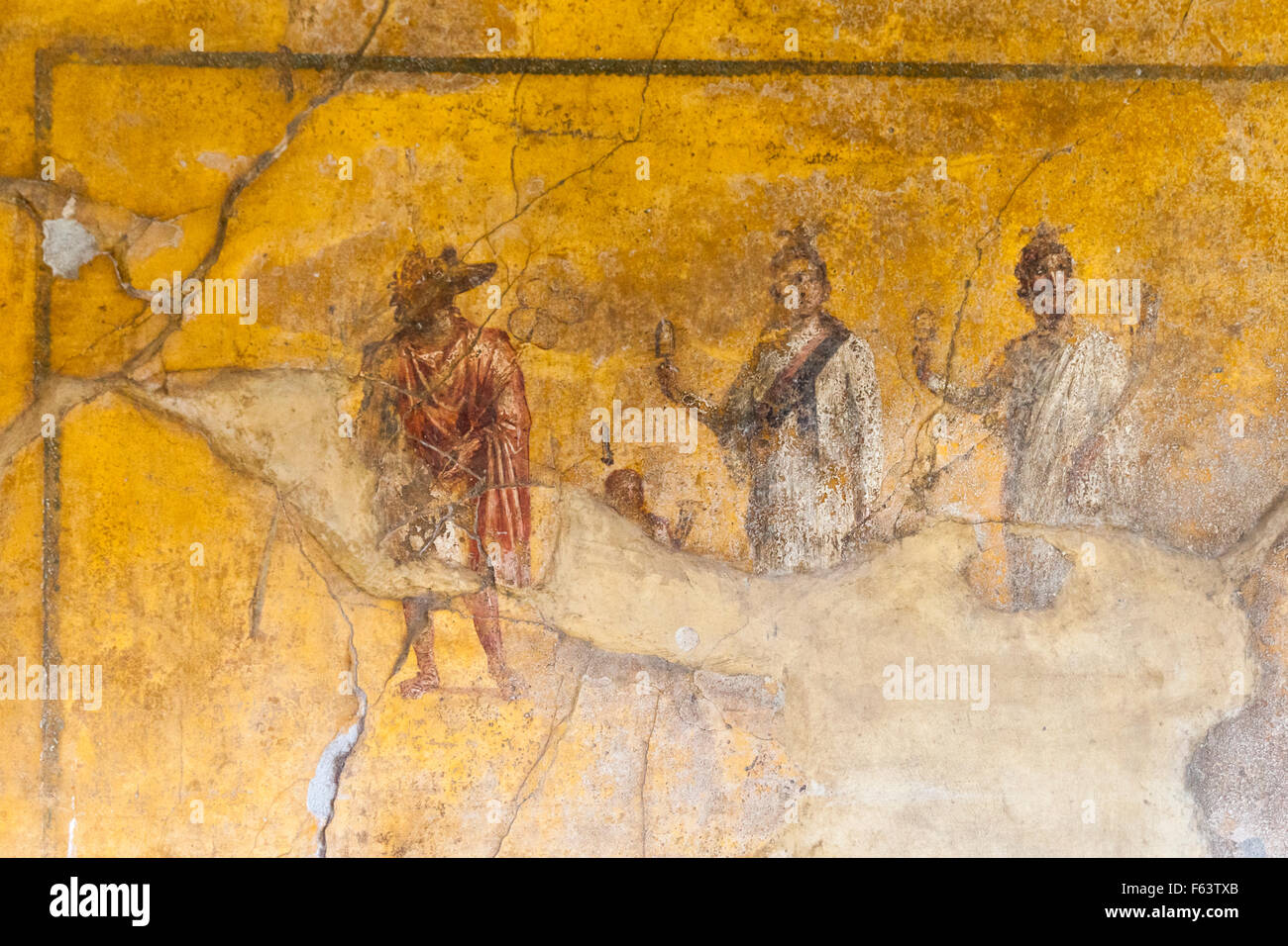 Affresco murale di parete e gli elementi decorativi sulla parete di un restauro di un antico tempio di Pompei, Italia Foto Stock