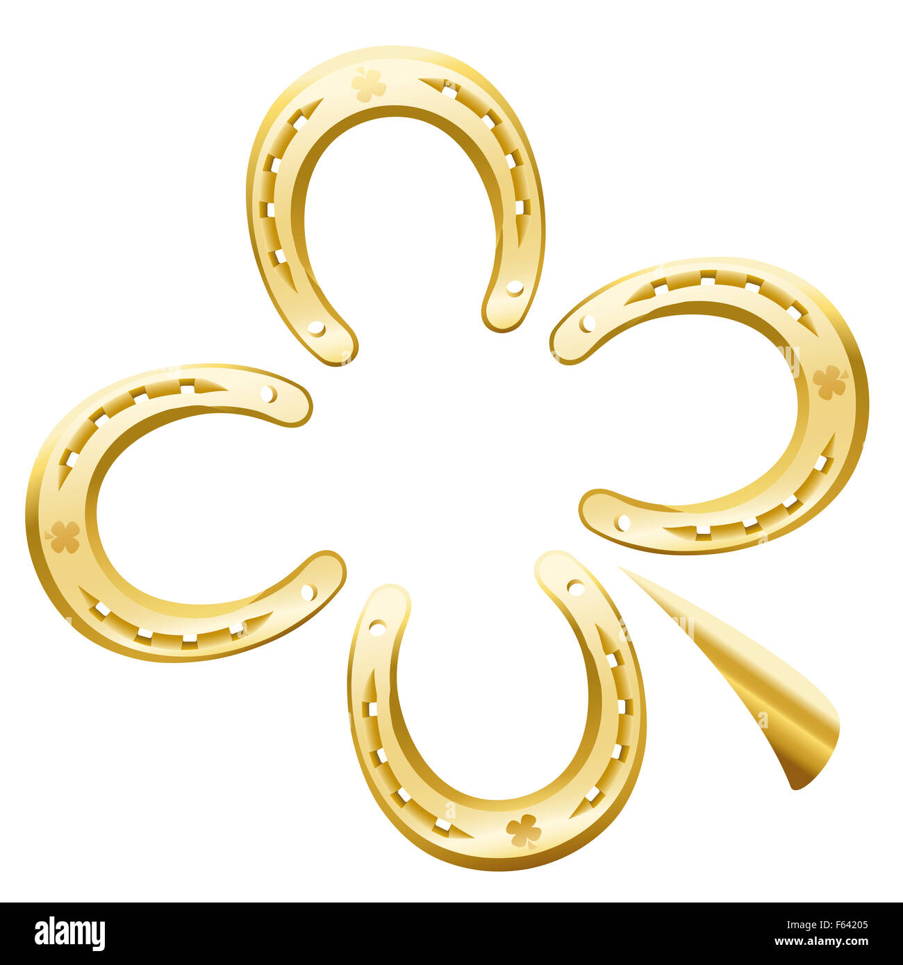 A foglia di trifoglio composto di quattro ferri di cavallo dorata come un simbolo di buona fortuna. Immagine su sfondo bianco. Foto Stock