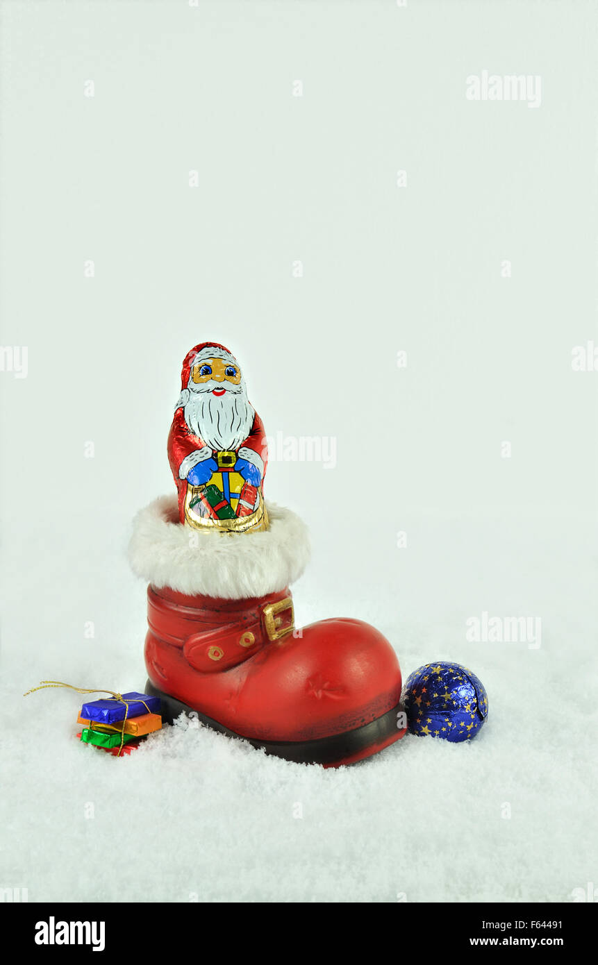 Babbo Natale con rametti di abete all'interno di un parapolvere rosso con pelliccia bianca trimming su bianco, sfondo innevato, close up, verticale Foto Stock