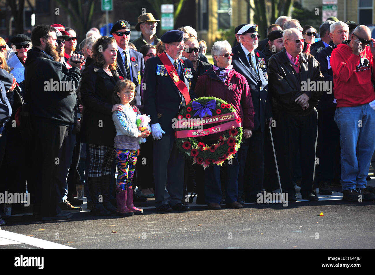 London, Ontario, Canada. 11 Novembre, 2015. Il passato e il presente dei membri della Canadian servizi armati e i membri del pubblico a raccogliere il cenotafio in London, Ontario di complementare Giorno del Ricordo. Su questo pubblico su tutto il territorio nazionale per le vacanze europee tenere cerimonie a pagare rispetto ai caduti. Credito: Jonny bianco/Alamy Live News Foto Stock