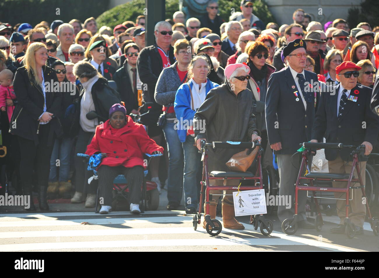 London, Ontario, Canada. 11 Novembre, 2015. Il passato e il presente dei membri della Canadian servizi armati e i membri del pubblico a raccogliere il cenotafio in London, Ontario di complementare Giorno del Ricordo. Su questo pubblico su tutto il territorio nazionale per le vacanze europee tenere cerimonie a pagare rispetto ai caduti. Credito: Jonny bianco/Alamy Live News Foto Stock