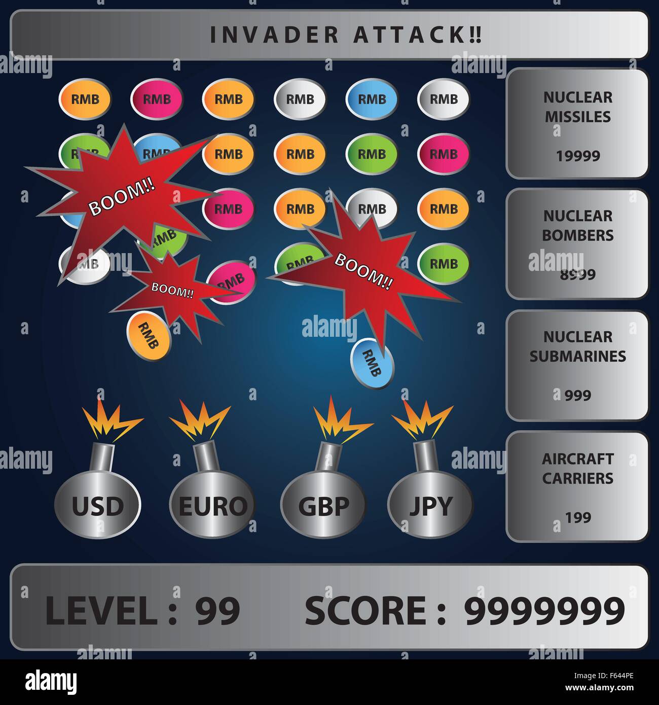 Valuta la guerra. Dollari, euro, sterline e JPY su un lato, CHY(RMB) su un altro Illustrazione Vettoriale