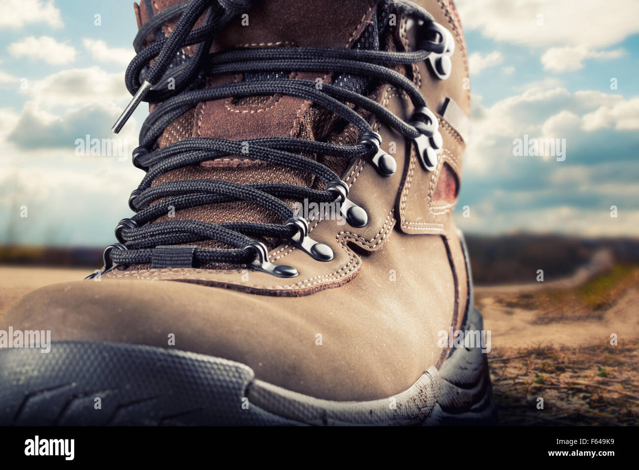 Primo piano di escursionismo boot outdoor permanente Foto Stock