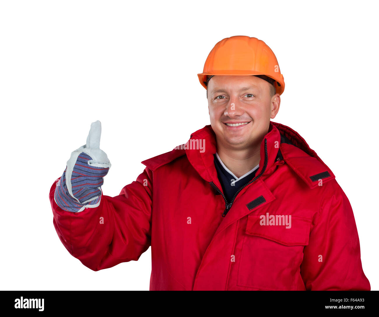 Felice lavoratore isolato su bianco Foto Stock