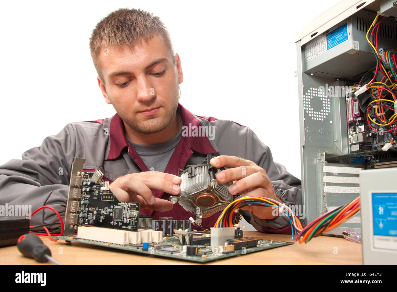 Computer Support Engineer. Isolato su bianco Foto Stock