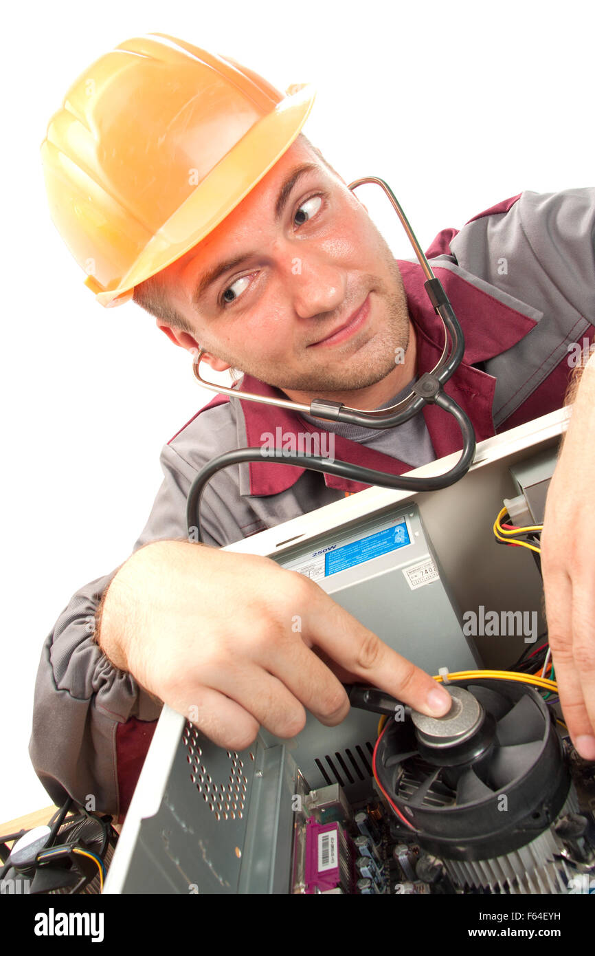 Computer Support Engineer. Isolato su bianco Foto Stock