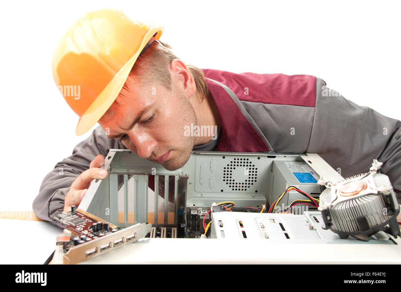 Computer Support Engineer. Isolato su bianco Foto Stock