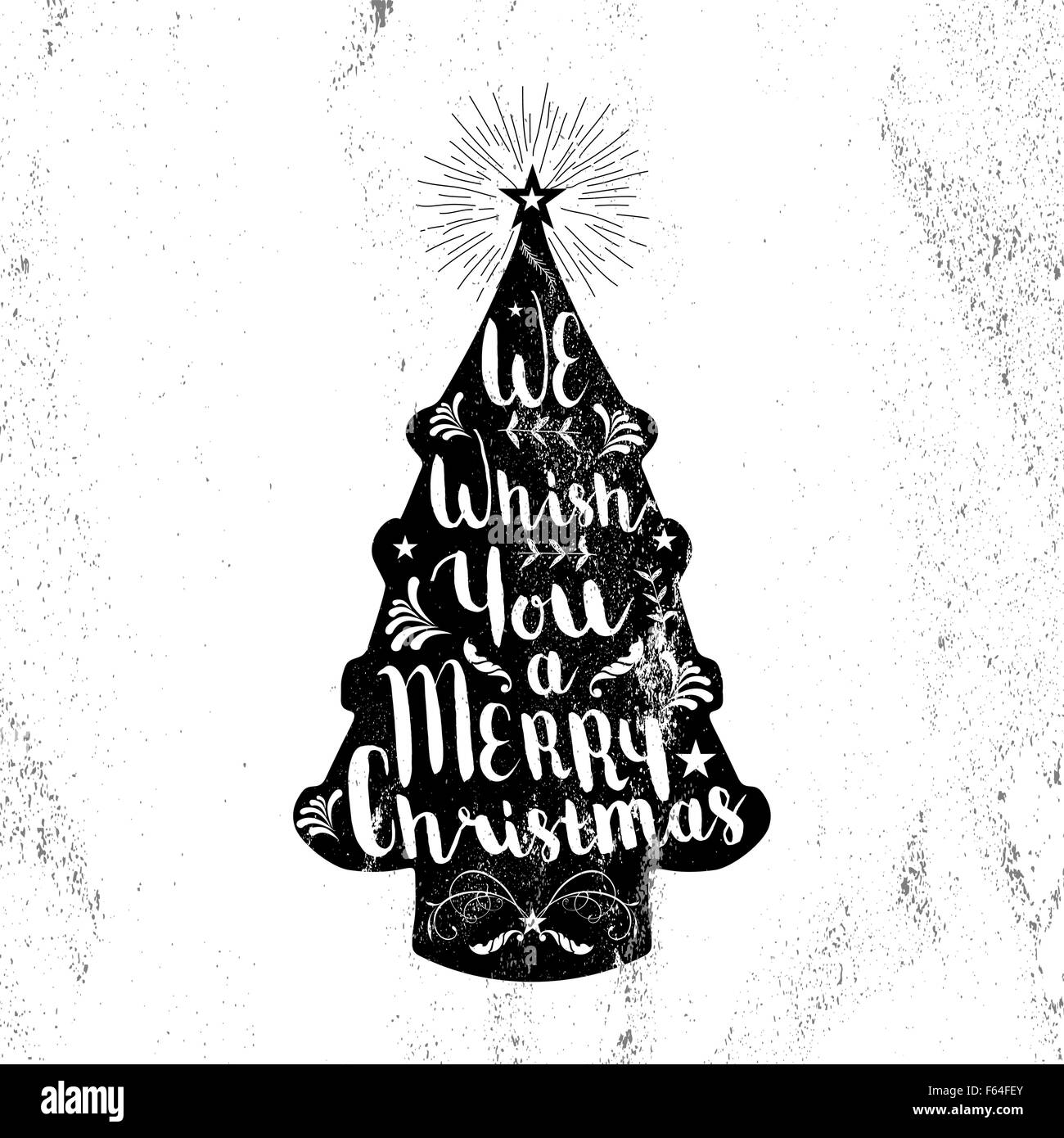 Buon Natale in bianco e nero hipster pino forma sulla trama della carta con uno sfondo con elementi vintage. Ideale per carta di natale Illustrazione Vettoriale