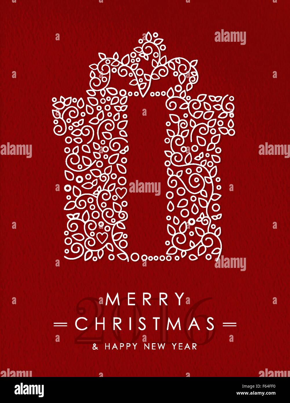 Auguri di Buon Natale Felice Anno Nuovo 2016 greeting card sfondo. Lineare scatola regalo con monogramma decorazione, ornamenti e foglie. Illustrazione Vettoriale