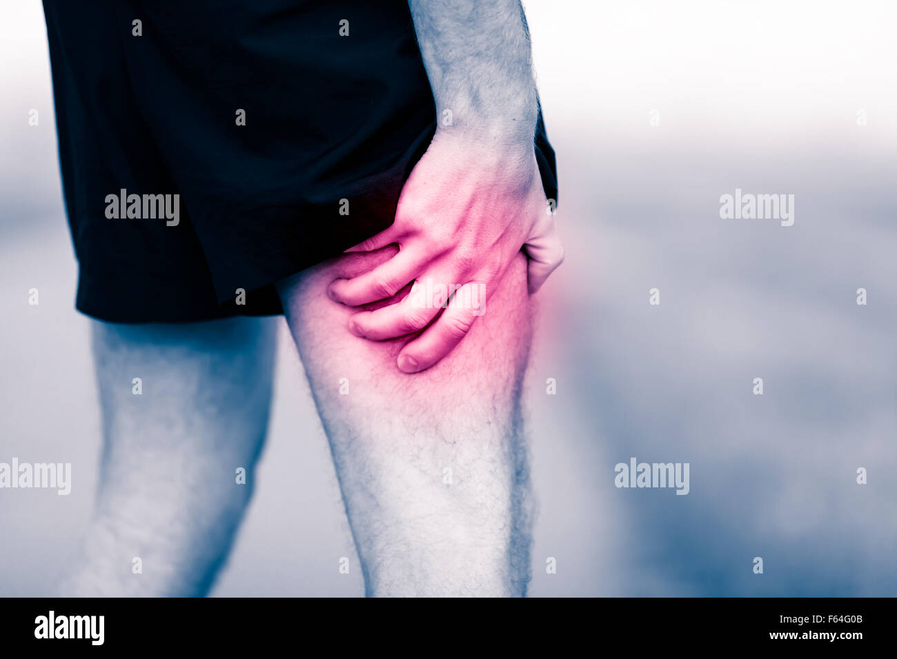 I corridori dolore alle gambe in allenamento. Uomo mal tenuta e dolorosa della muscolatura delle gambe, lo stiramento o crampi ache riempito con rosa rossa luminosa. Foto Stock
