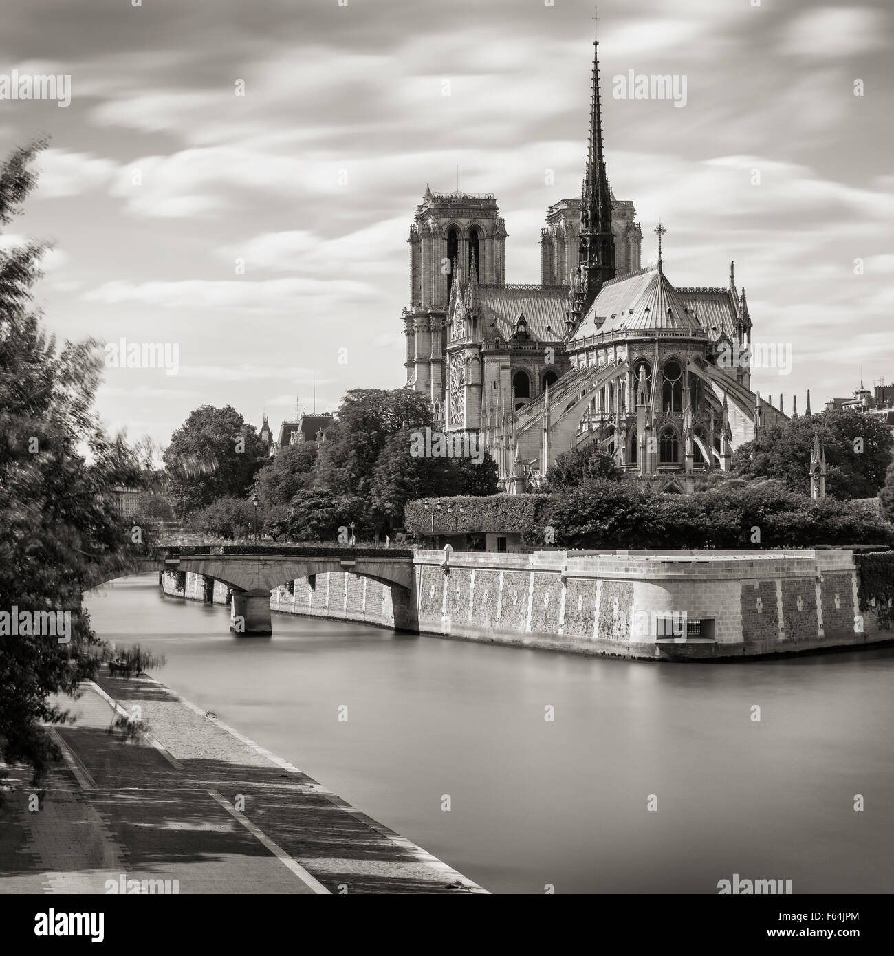 In bianco e nero di Notre Dame de Paris Cathedral sulla Ile de la Cite con la Senna e l'Arcivescovo's Bridge, Parigi, Francia Foto Stock