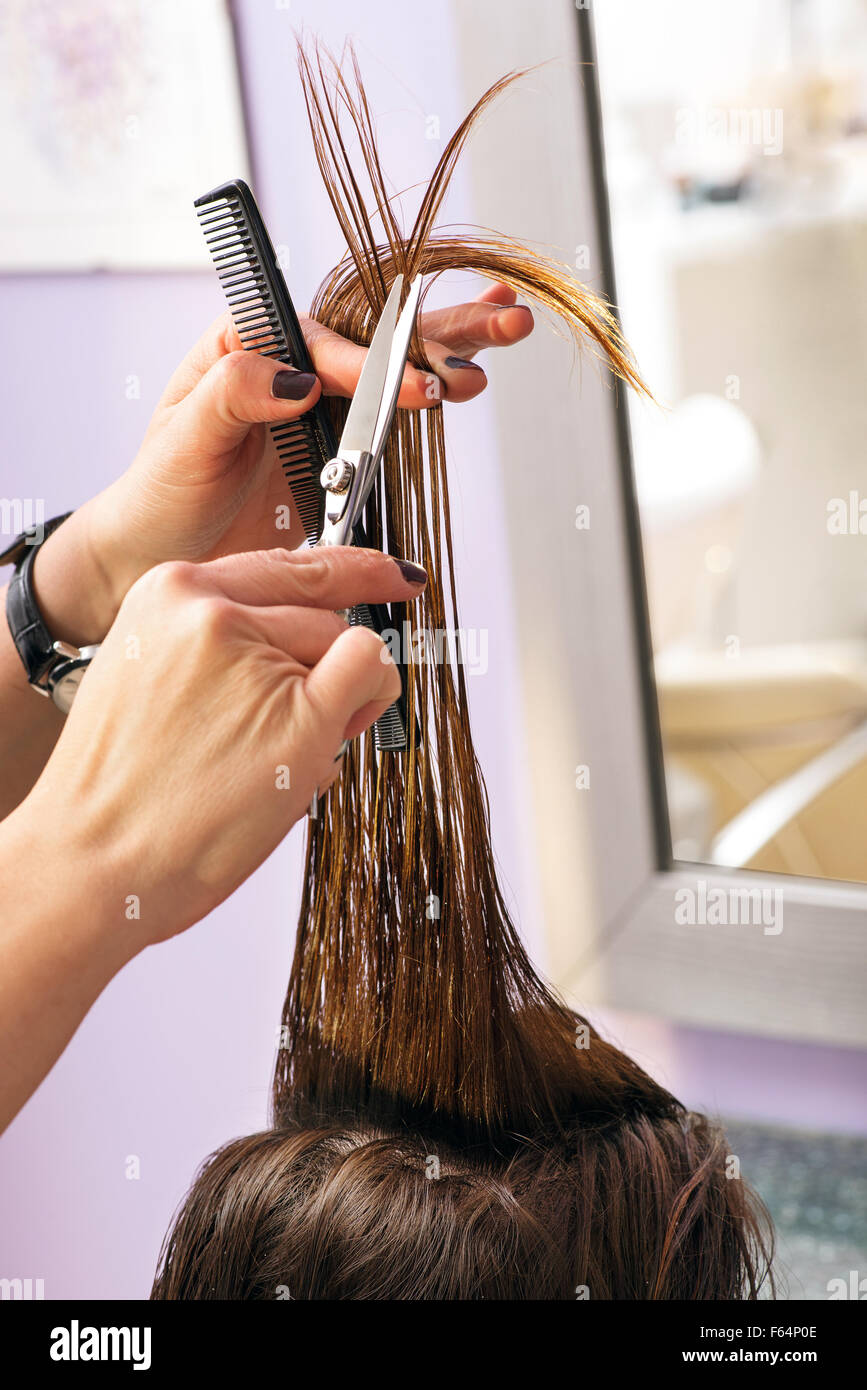 Parrucchiere styling a clienti di sesso femminile capelli lunghi marrone rifilatura delle estremità con un paio di forbici, close up delle mani in un salone Foto Stock