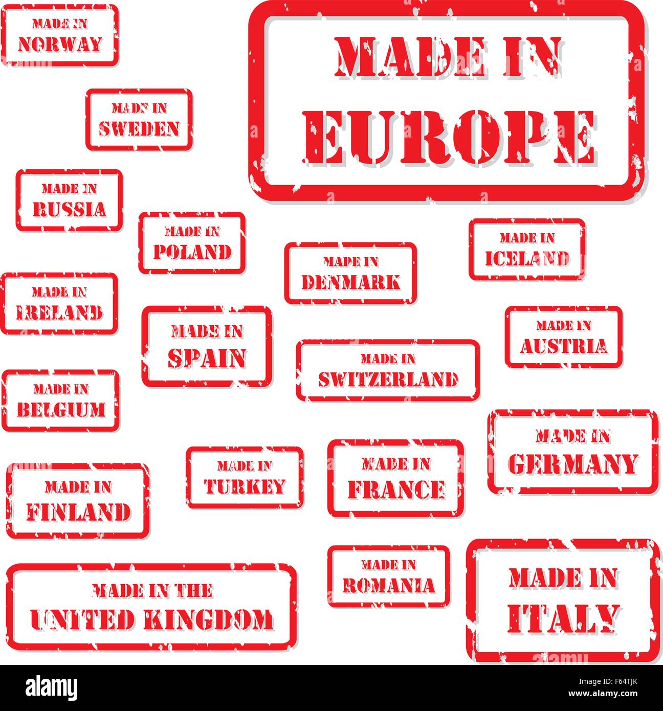 Set di red timbri in gomma del Made in simboli per Europa e circonda Illustrazione Vettoriale