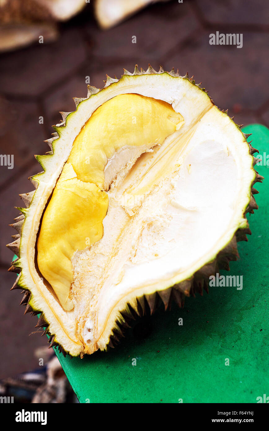 Tagliare esotici tropicali frutta Durian in kep cambogia market Foto Stock
