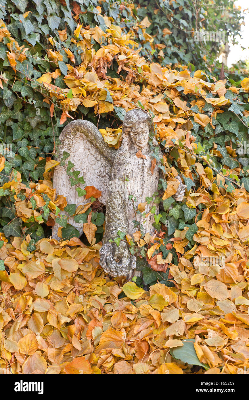 Statua di un angelo coperta di verde edera e foglie di giallo nei pressi del cimitero la Chiesa di tutti i santi (Sito UNESCO) Foto Stock