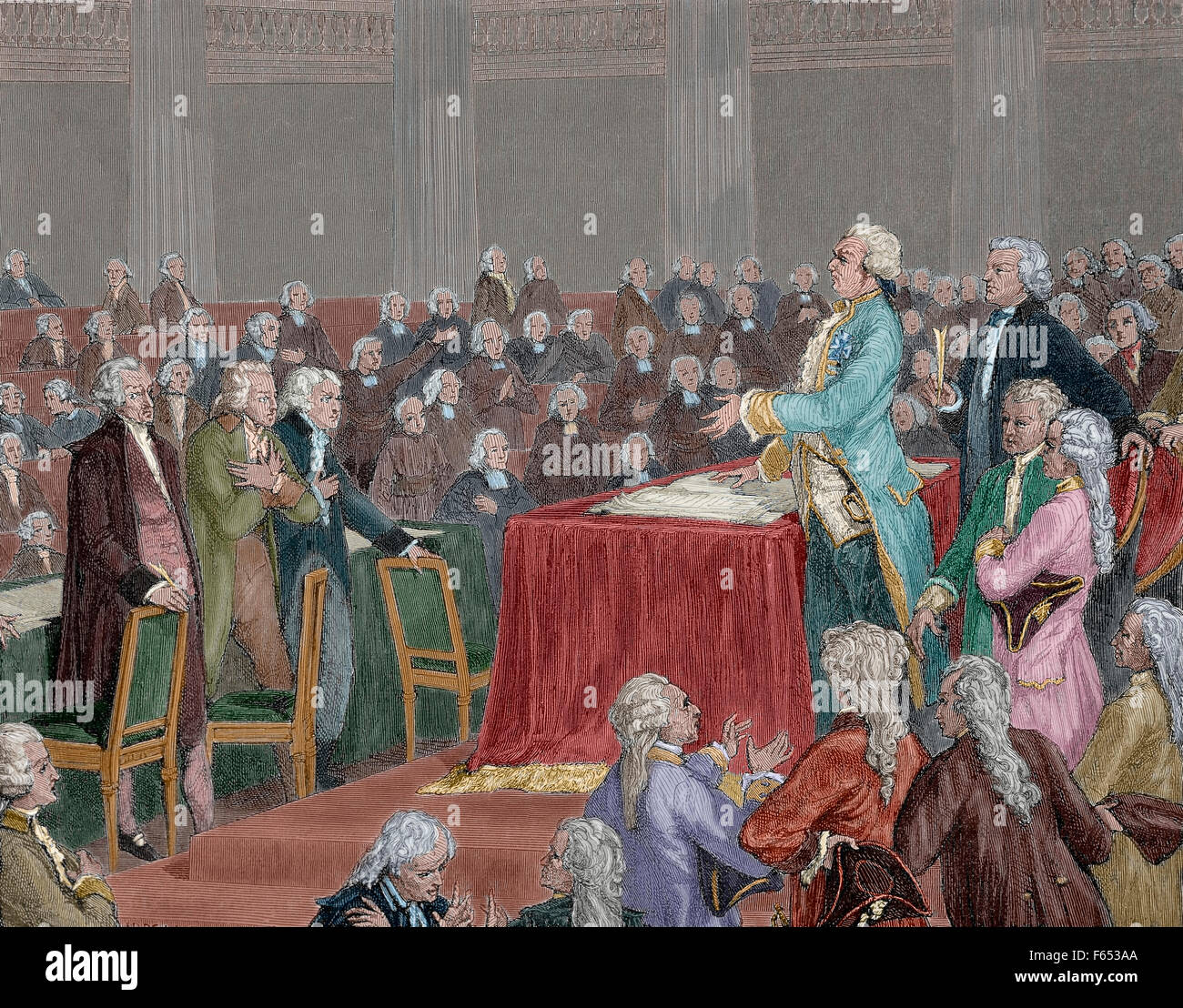 Frech rivoluzione 1787-1799. Luigi XVI fu costretto ad adottare la Costituzione del 1791 dall'Assemblea nazionale. Incisione di Meyer Heine, 1900. Colorati. Foto Stock