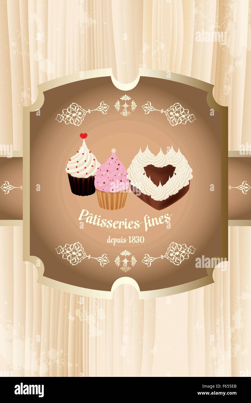 Etichetta di dolci e pasticceria con stile retrò pasticcini e calligrafico testo francese - eps 10 vettori Illustrazione Vettoriale