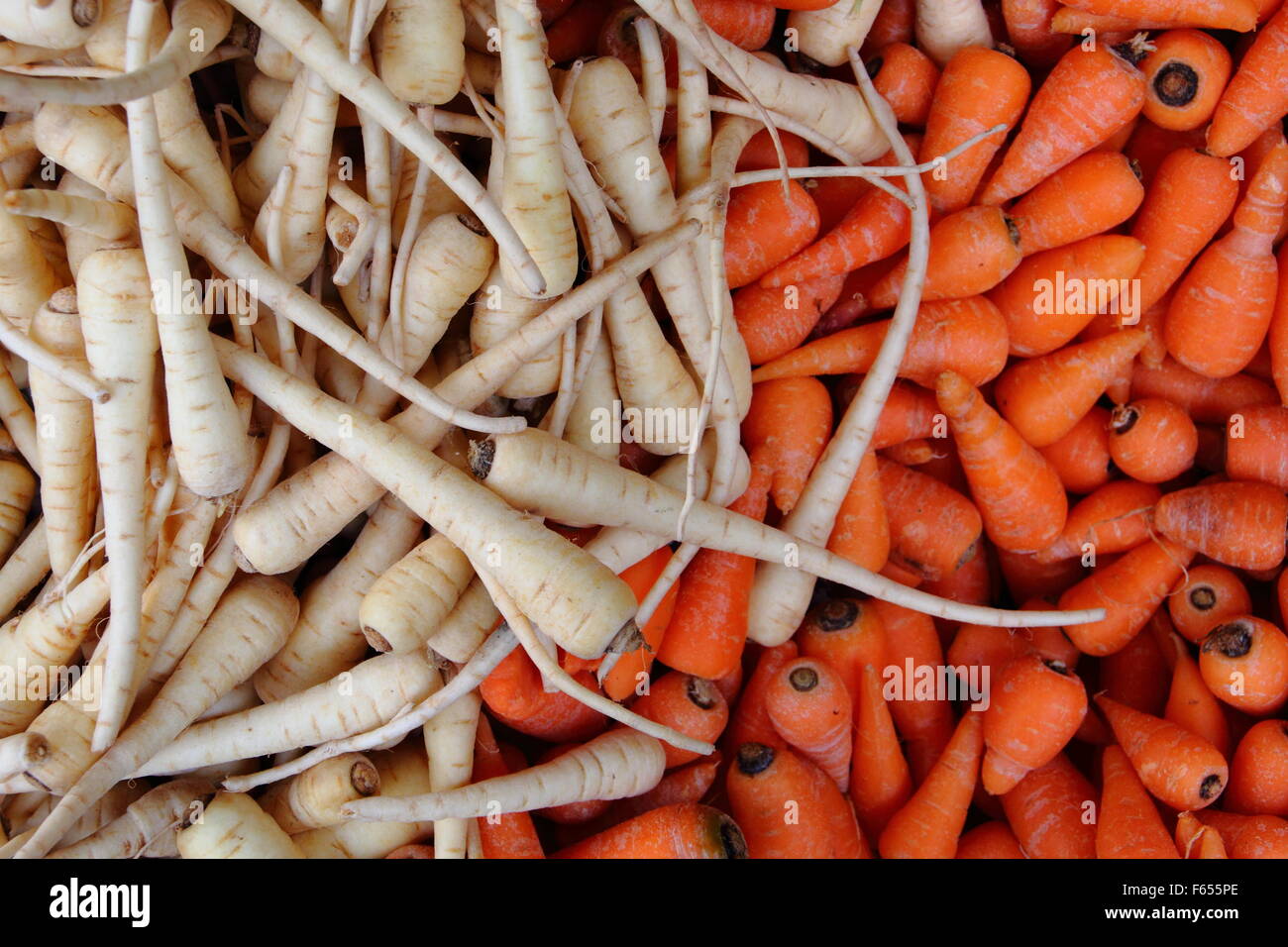 Pastinaca slanciata e carote in vendita su un mercato in Inghilterra del nord REGNO UNITO Foto Stock