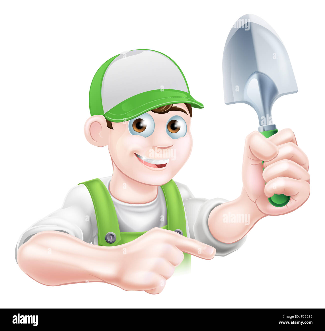 Un cartoon giardiniere carattere tenendo un giardino cazzuola e puntamento Foto Stock