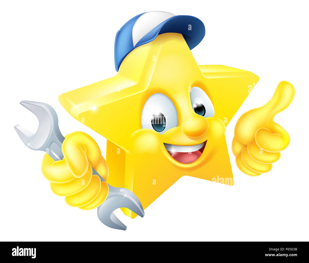 Cartoon star idraulico o meccanico gli Emoji emoticon carattere mascotte tenendo una chiave Foto Stock
