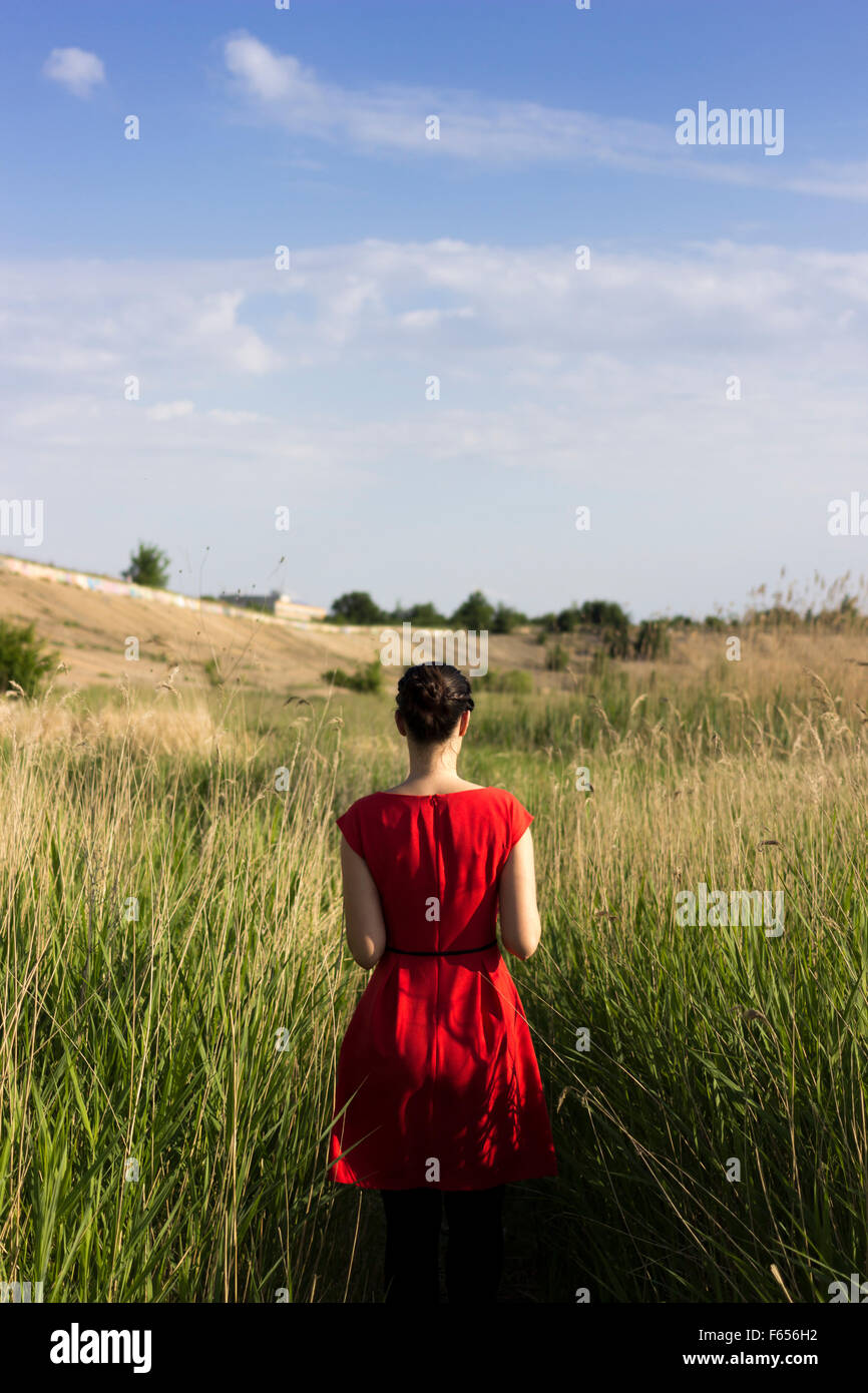 Bella ragazza in un abito rosso, camminare attraverso un campo verde, visto da dietro Foto Stock