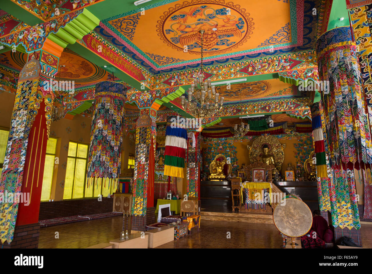 India, Himachal Pradesh, Spiti, Kaza, Sakya Tangyud (Tenggyu) Monastero, Preghiera Hall interno Foto Stock