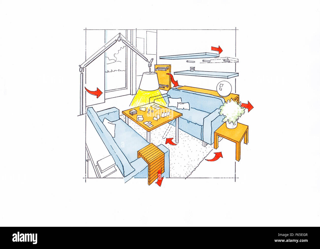 Illustrazione di una zona salotto con divano letto, televisione e dipinti sulla parete Foto Stock