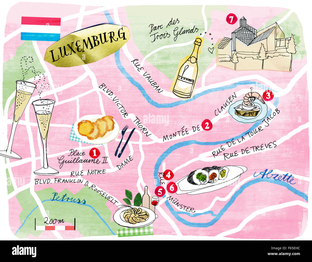 Illustrazione della mappa di Lussemburgo con bar e ristoranti Foto Stock