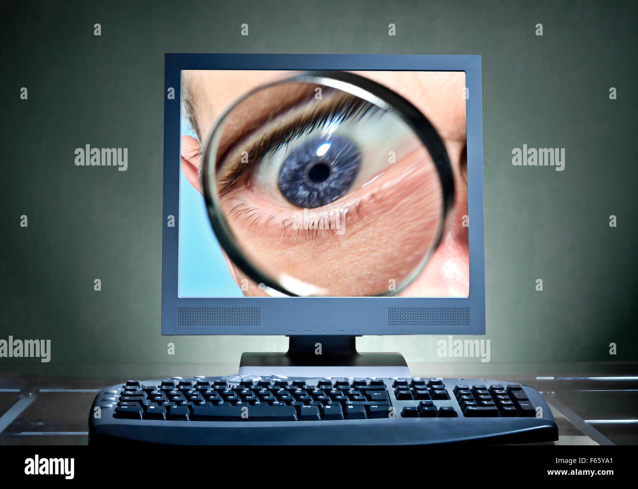 Occhio con lente di ingrandimento sullo schermo di un computer come un icona per il monitoraggio Foto Stock