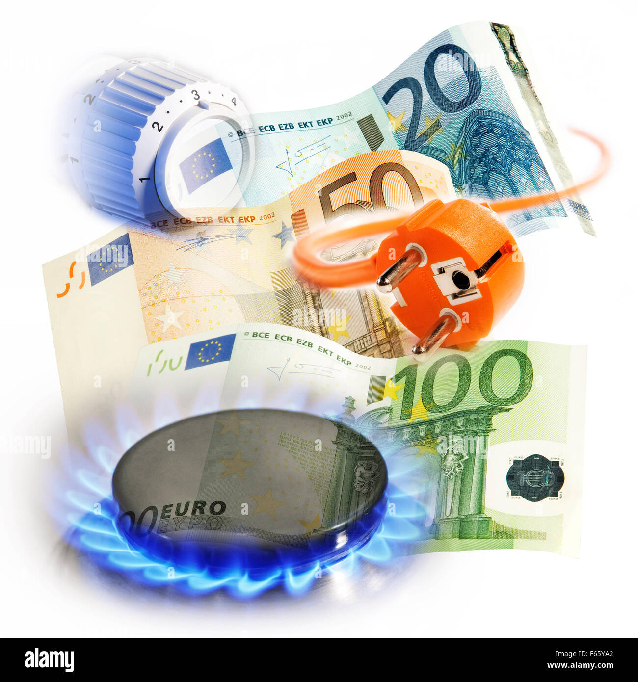 Il tappo, il termostato e il dettaglio di un fornello a gas con le banconote in euro Foto Stock