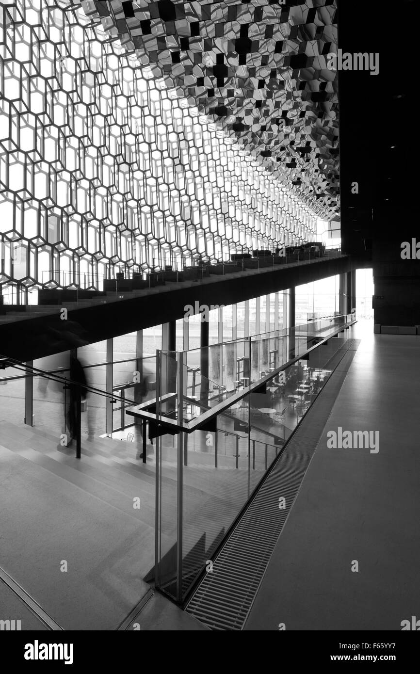 Dettaglio della facciata e interni di Harpa Concert Hall in verticale a Reykjavik in bianco e nero Foto Stock