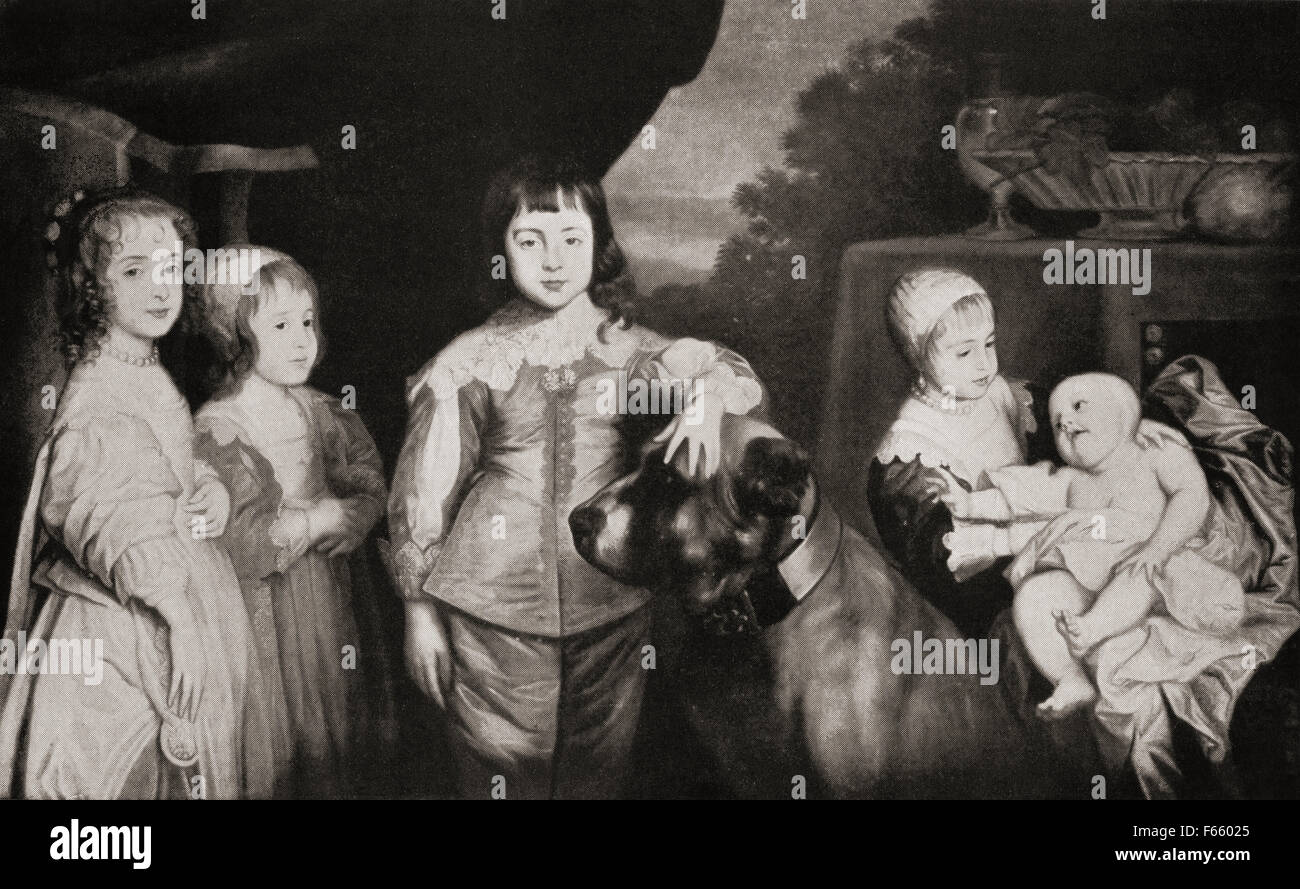 I cinque figli maggiori del re Carlo I, dopo Sir Anthony Van Dyck. Da sinistra a destra, la Principessa Maria Henrietta, Princess Royal,1631-1660. Il principe Giacomo più tardi Giacomo II e VII, 1633-1701, nel vestire e il cappuccio. Il principe Charles più tardi Carlo II, 1630-1685. La principessa Elisabetta, 1635-1650, che tiene il suo bambino sorella principessa Henrietta Anne, in seguito duchessa di Orléans, 1644-1670. Foto Stock