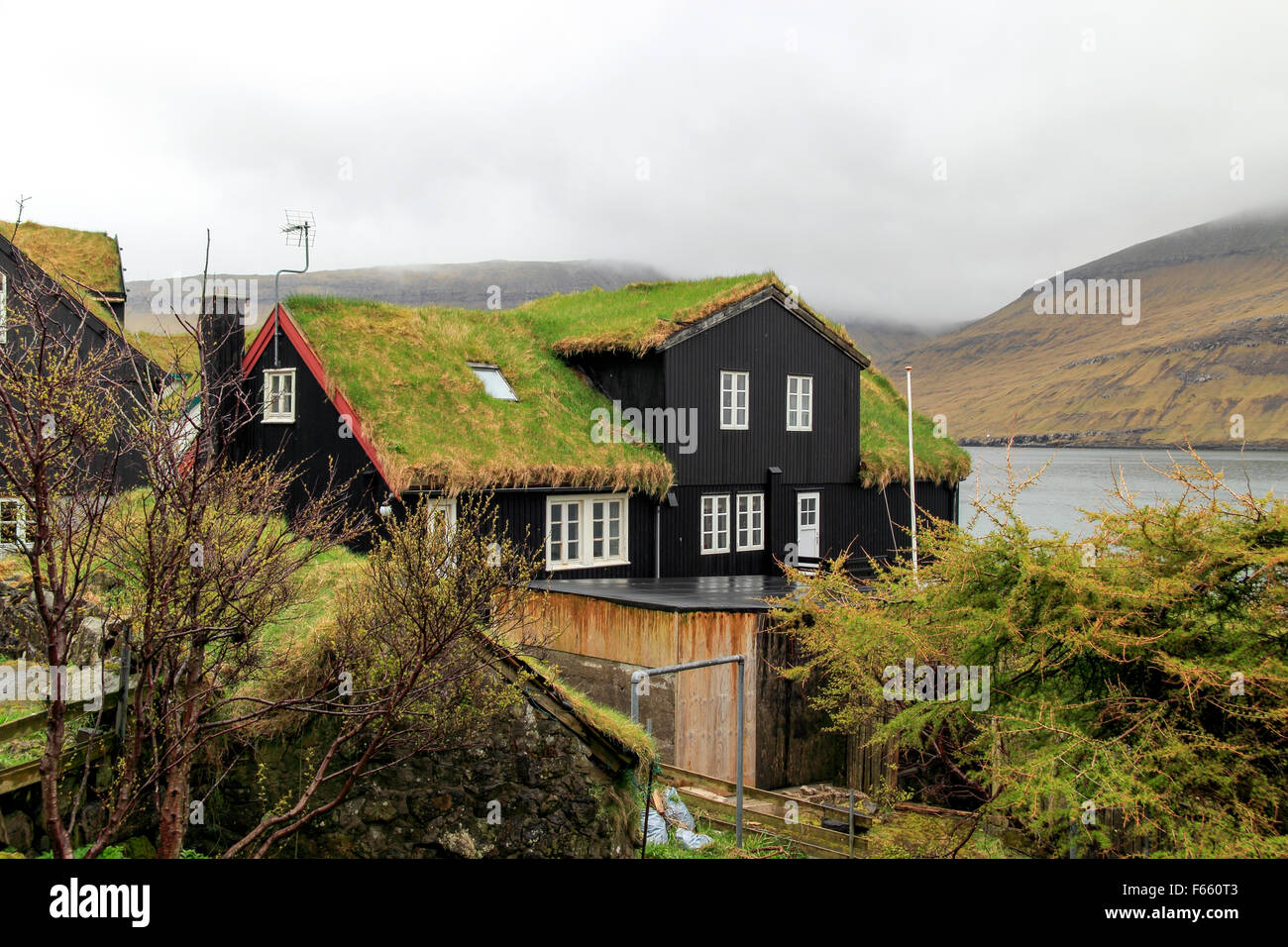 Tappeto erboso tradizionale tetto case del borgo di Bøur vicino Sørvágur Vágar Island Isole Faerøer Foto Stock