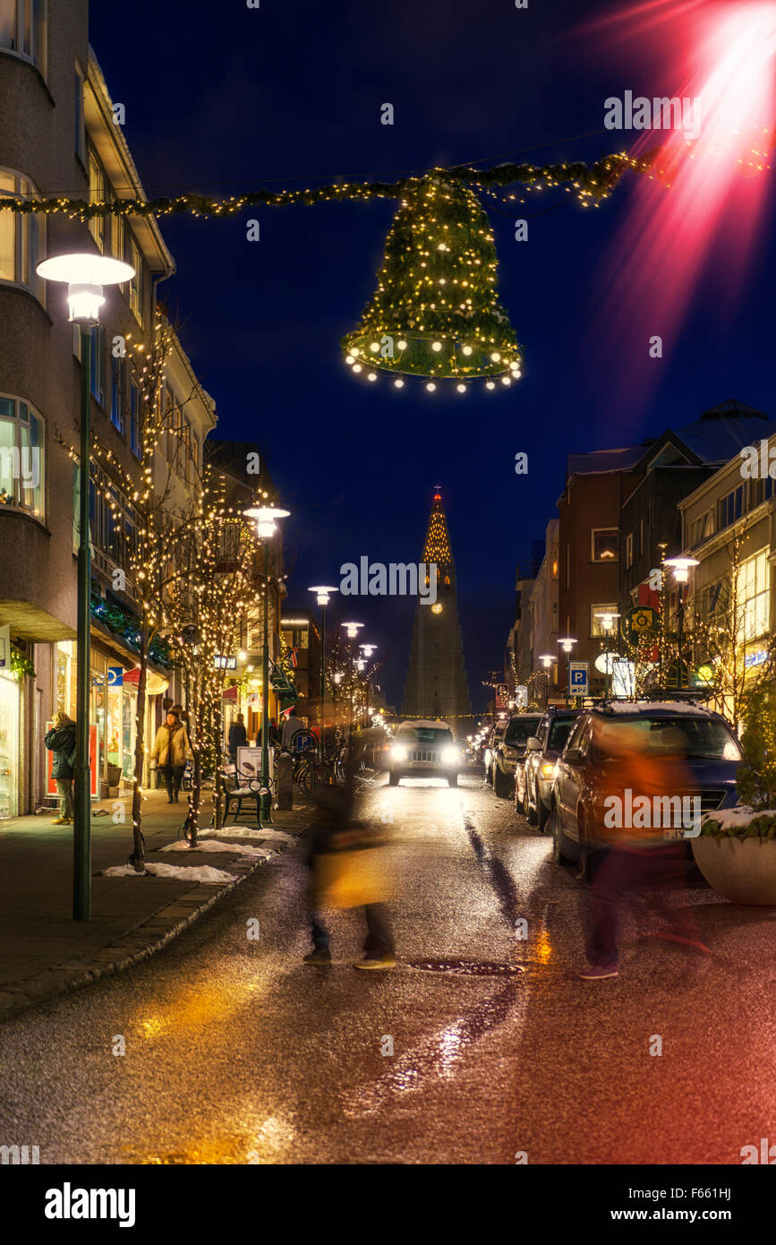 Il centro di Reykjavik al tempo di Natale, Islanda Foto Stock