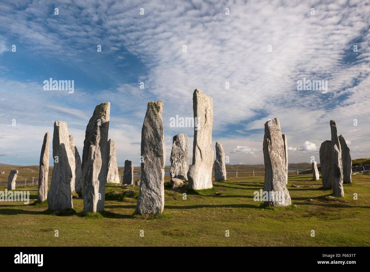 Cercando SE a Callanish (Calanais) pietre permanente, isola di Lewis: anello centrale con chambered cairn, alto monolito & pietre di ENE & S righe Foto Stock