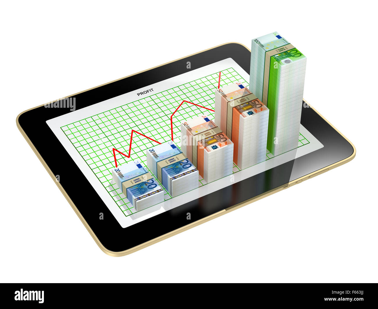 Tablet - denaro di grafici a barre che mostra profitti crescono Foto Stock