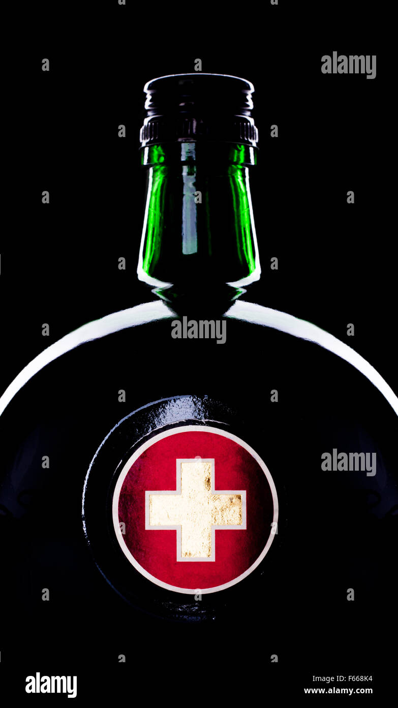 Close-up di tondo di una bottiglia di vetro con la medicina Foto Stock
