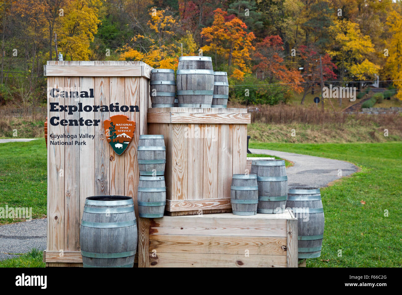 Cuyahoga Valley National Park, Ohio - un segno per il Canale del Centro di esplorazione sullo storico Ohio & Canale Erie. Foto Stock