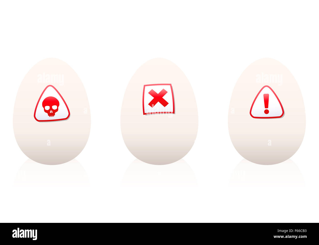 Uova con simboli di pericolo su di esso - avvertimento contro alimenti dannosi per la salute o la nutrizione. Immagine su sfondo bianco. Foto Stock