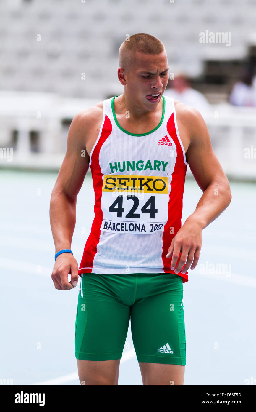 Mate Gonczol di Ungheria, 110m ostacoli,IAAF,XX World Junior di atletica, 2012 a Barcellona, Spagna Foto Stock