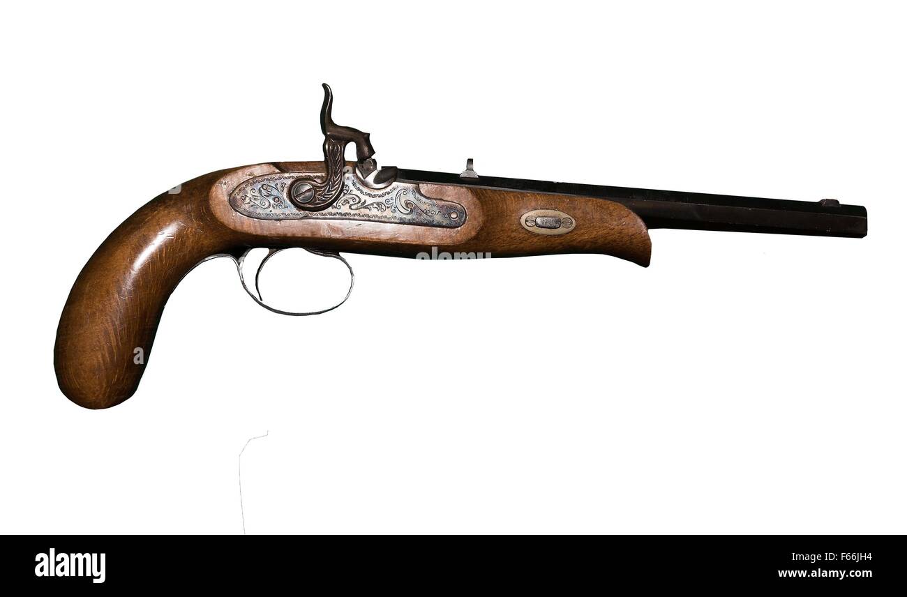Cappuccio a percussione pistola su uno sfondo bianco. Foto Stock