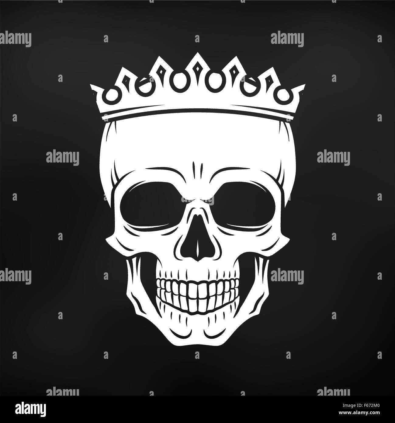 Cranio corona re elemento di design. Vintage Royal illustrazione in stile medievale. Dark Unito insegna concetto su sfondo nero. Illustrazione Vettoriale