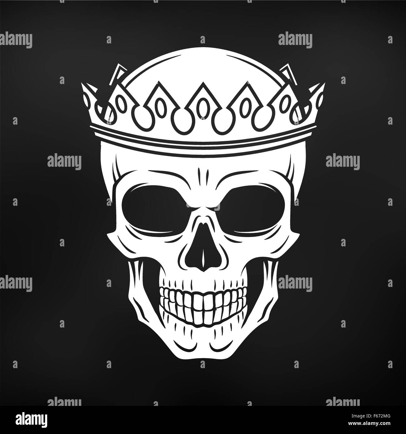 Cranio re corona elemento di design su sfondo nero. Vintage Royal t-shirt illustrazione. Scheletro scuro insegne concetto. Illustrazione Vettoriale