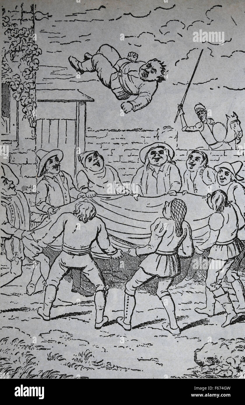 Don Chisciotte. Romanzo spagnolo di Miguel de Cervantes. 1605-1615. Incisione. Sancho Panza si lancia in una coperta da una banda di ladri. Foto Stock