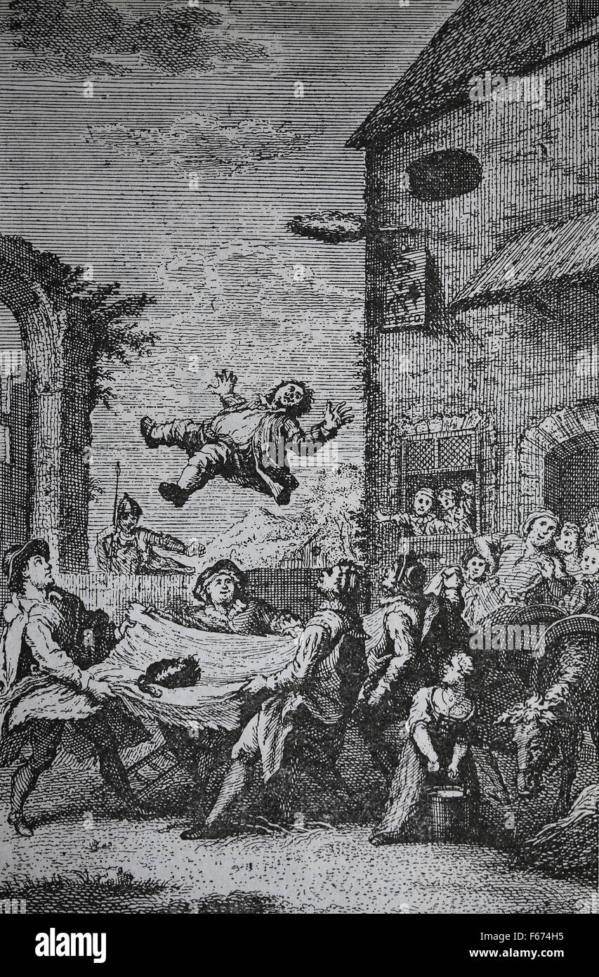Don Chisciotte. Romanzo spagnolo di Miguel de Cervantes. 1605-1615. Incisione. Sancho Panza si lancia in una coperta da una banda di ladri. Foto Stock
