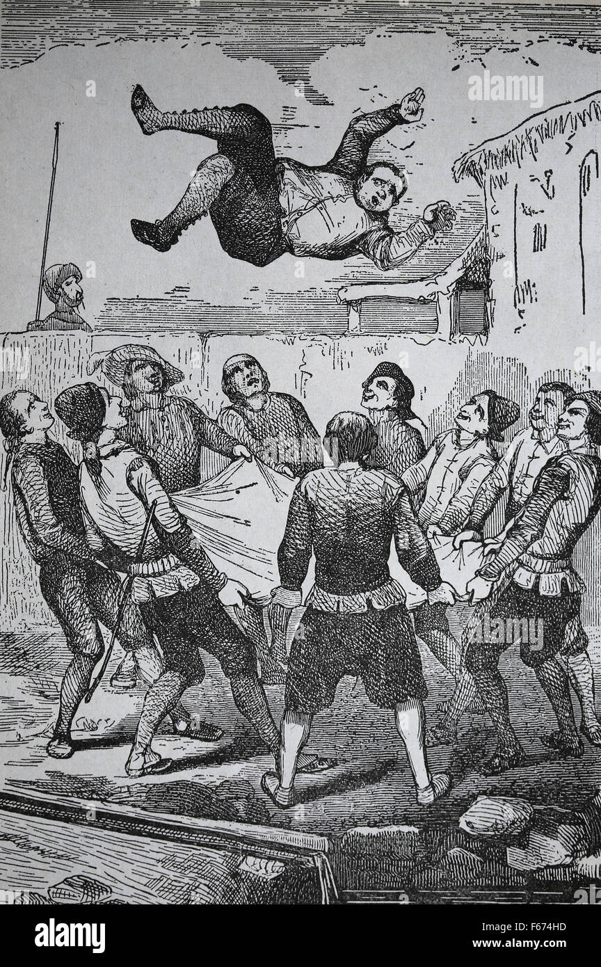 Don Chisciotte. Romanzo spagnolo di Miguel de Cervantes. 1605-1615. Incisione. Sancho Panza si lancia in una coperta da una banda di ladri. Foto Stock
