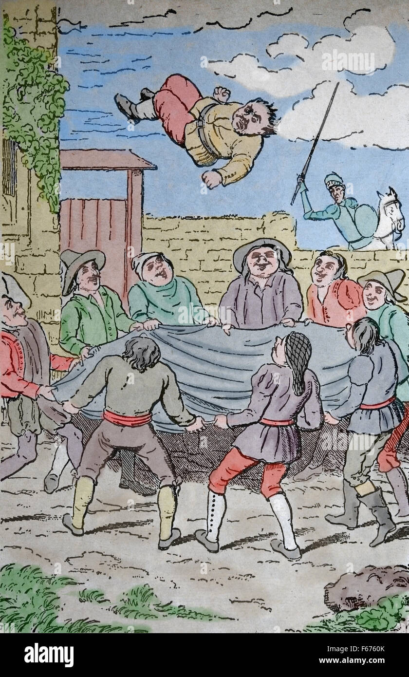Don Chisciotte. Romanzo spagnolo di Miguel de Cervantes. 1605-1615. Incisione. Sancho Panza si lancia in una coperta da una banda di ladri. Foto Stock