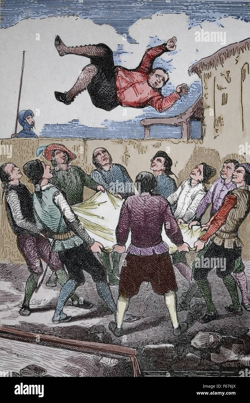 Don Chisciotte. Romanzo spagnolo di Miguel de Cervantes. 1605-1615. Incisione. Sancho Panza si lancia in una coperta da una banda di ladri. D Foto Stock