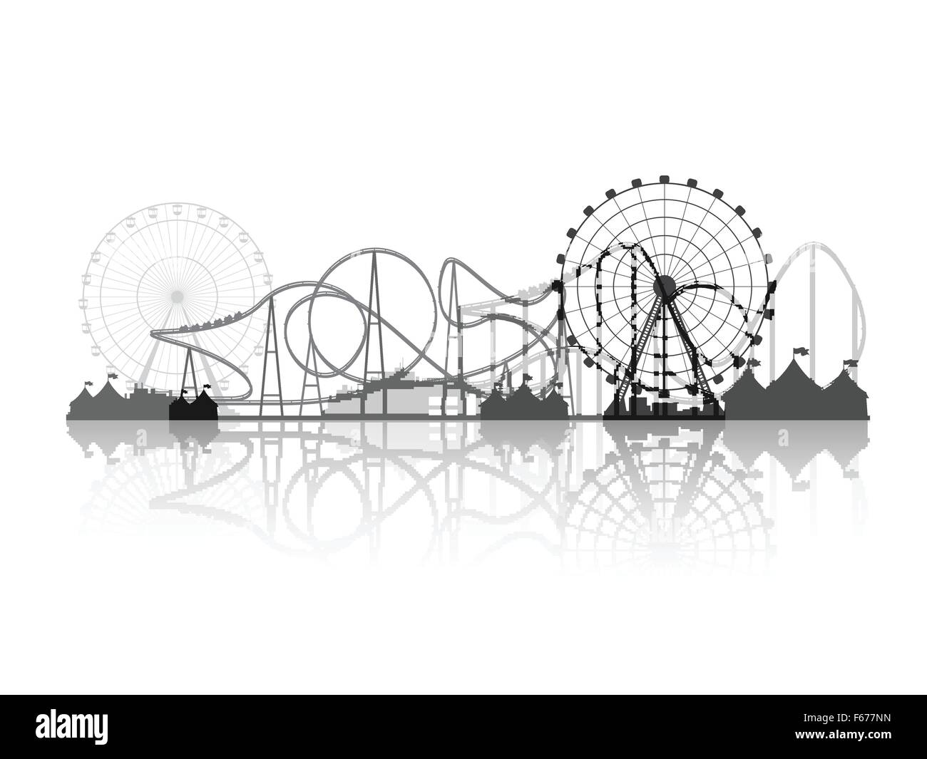 Illustrazione Vettoriale. Ruota panoramica Ferris. Il carnevale. Parco di divertimenti sfondo. Circus park. Roller Coaster. Illustrazione Vettoriale