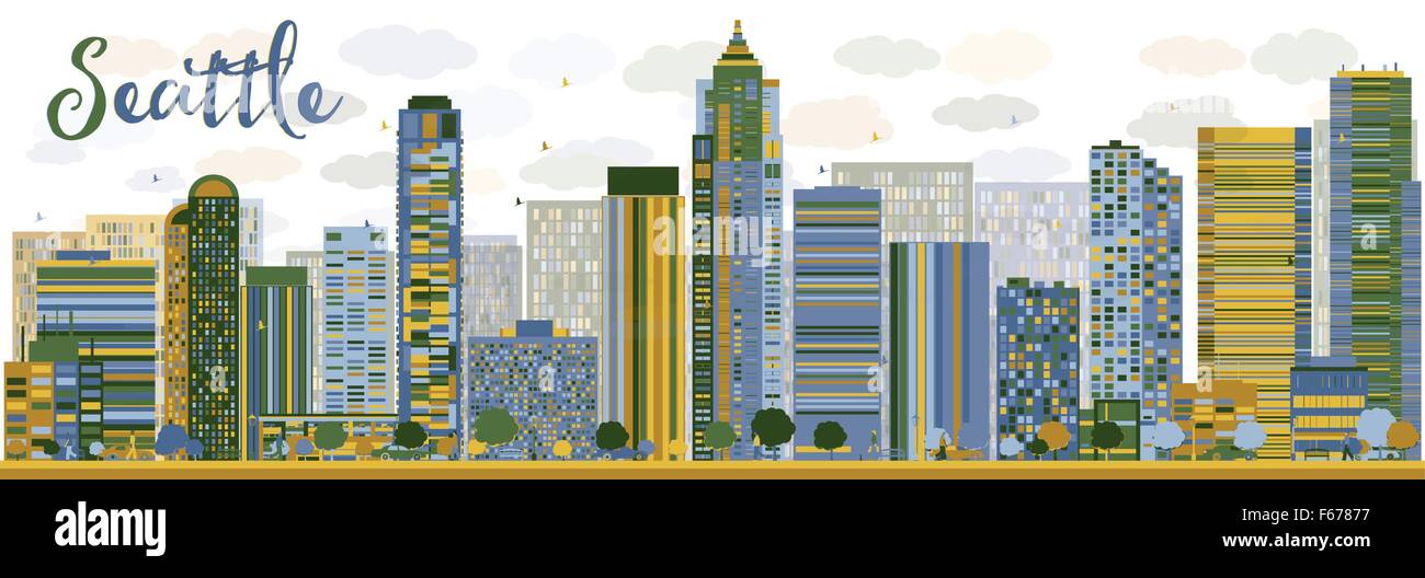 Abstract Seattle skyline della città con edifici di colore. Illustrazione Vettoriale. Viaggi di affari e turismo concept Illustrazione Vettoriale